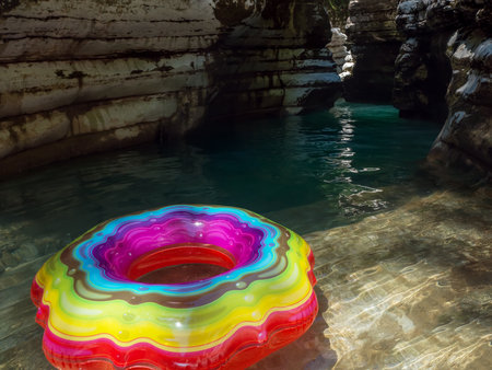 Swimming ring with a multicolored pattern on clear turquoise water in a shady canyon gorgeの写真素材