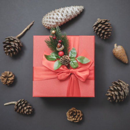 A red square gift box decorated with a coniferous twig lies among fir and pine cones on a dark background. Christmas compositionの写真素材