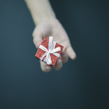 A tiny shiny red box with a white bow lies in womens fingersの写真素材