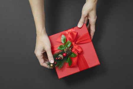 Female hands hold a red gift box decorated with a spruce twig. A Christmas gift. Top view