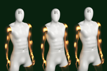 Three mens mannequins with gold hands and a qr crod on their foreheads on a black background. 3D rendering.の写真素材