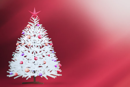 A white, elegant Christmas tree with a red star and round toys with snowflakes. Gradient red background. Christmas card. Space for text. 3D renderingの写真素材