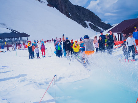 Russia, Sochi 11.05.2019. Snowboarding water competition at the ski resort Gorky-Gorod. Russia Sochi 05.11.2019のeditorial素材