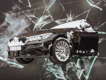 Sochi, Russia - 24 February 2020. The front of the black car sticks out of the black wall. Decorative layout. Casino buildingのeditorial素材