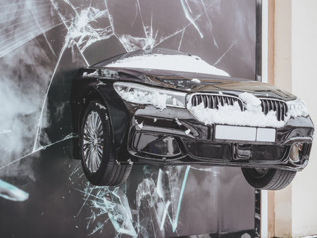 Sochi, Russia - 24 February 2020. Decorative mockup of a car punching a black wall with an imitation of broken glass. Casino buildingのeditorial素材