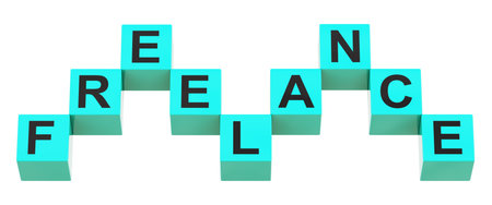 Freelance inscription on turquoise cubes in the form of the letter M. 3D rendering