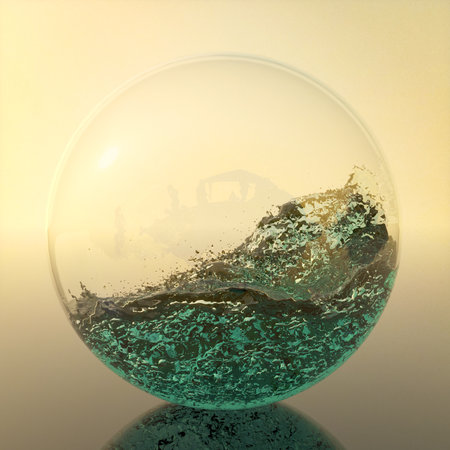 A transparent bubble with turquoise splashing water inside it and barely visible silhouettes. Small world projection. 3d renderingの写真素材