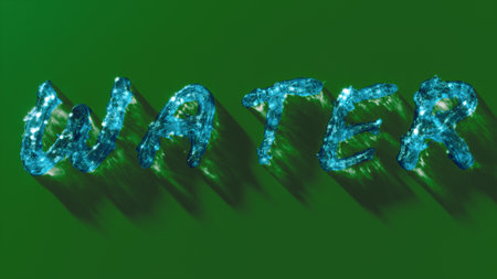 Shining bright blue inscription water from a liquid on a green background. Front view.の写真素材