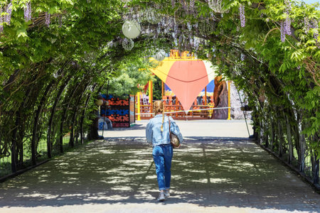 A woman walks along an alley under an arch entwined with acacia in a bright multi-colored amusement parkの写真素材