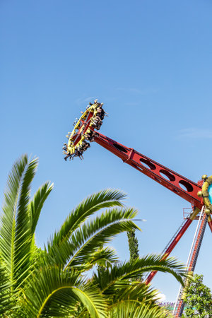 Russia, Sochi 14.05.2022. A giant rotating extreme attraction stands in a tropical amusement park among palm trees against a blue skyのeditorial素材