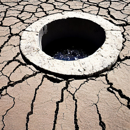 Concrete well with water in cracked earth. AI generated image. Not based on any actual sceneの素材