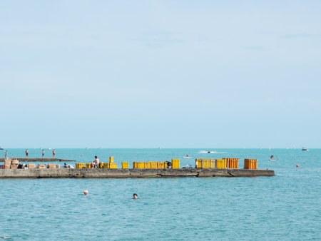 Russia, Sochi 12.06.2022. Preparing fireworks on the pier. Festive fireworks, pyrotechnicsのeditorial素材