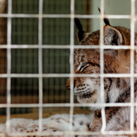 The lynx lies in the zoo. Big cat with tassels on the ears in a cage