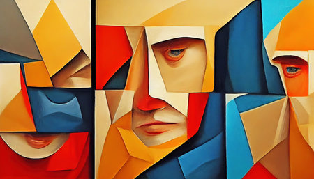 Male faces in the style of cubism painting. Abstract lgbt painting. Digital illustration based on render by neural networkの写真素材