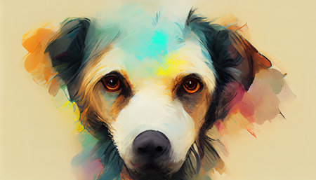 Portrait of a dog in bright colors close-up. Digital illustration based on render by neural networkの写真素材