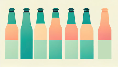 Colorful bottles in a row flat illustration. Row of identical bottles. Patterned bottles flat illustration. Digital illustration.の写真素材