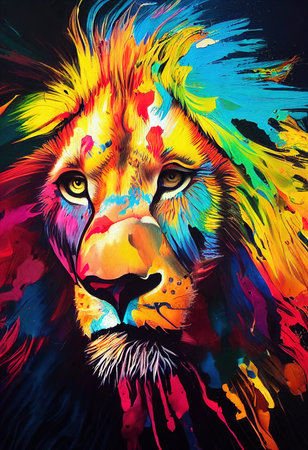Multicolor painting lion head. Lion head in bright neon colors. Stylized lion in rainbow colors....