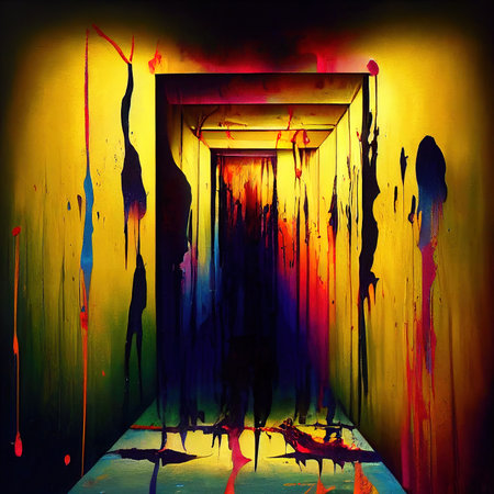 Impressive bright colorful corridor. Surreal corridor. Fantasy corridor stained with paint. Digital illustration.の写真素材