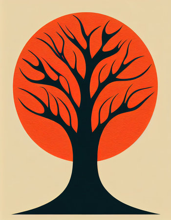 Autumn tree with a round red crown. Stylized autumn tree. Flat illustration. Digital illustration.