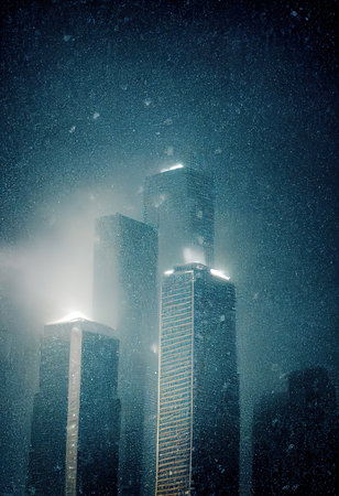 Skyscraper at night in snowfall. Night skyscraper in snowstorm. Night blizzard in the metropolis. Digital illustration.の写真素材
