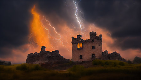 Lightning in the sky above the castle. Lightning strikes the ruined castle. Digital illustration.の写真素材