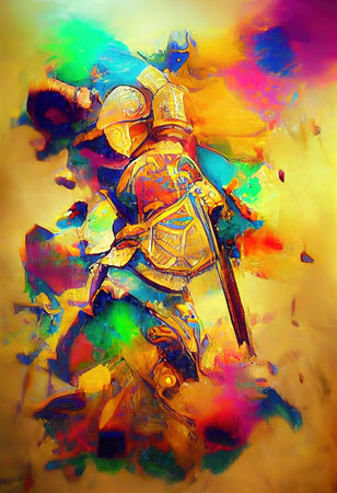 Colorful abstract painting with a knight in armor. Multicolored stylized knight. Abstract colorful knight. Digital illustration.の写真素材