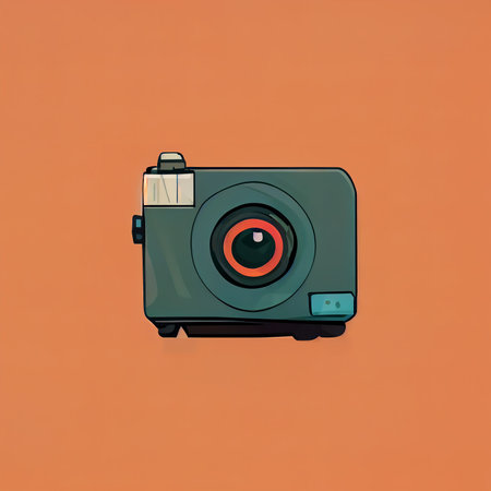 Camera on orange background flat illustration. Simple drawn camera icon. Digital illustration.の写真素材