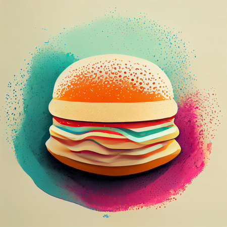 The hamburger on a bright colorful background. Stylized bright hamburger. Digital illustration.の写真素材
