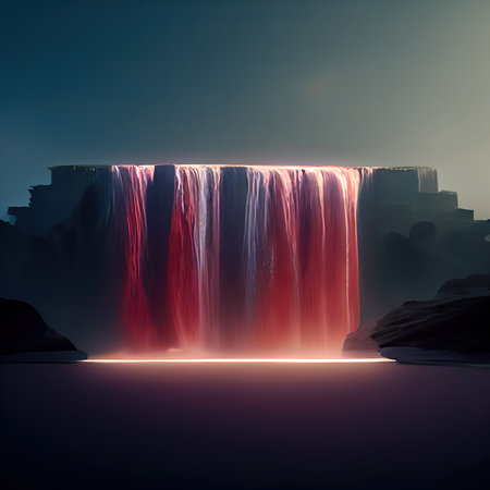 Waterfall at night. Powerful night waterfall. Night light illuminates the waterfall. Digital...