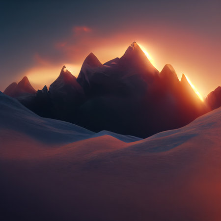 The rising sun shines behind the mountais. The sun sets behind the high mountains. Digital illustration.の写真素材