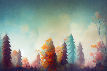 Colored autumn forest. The effect of puffy paint. Artistic effect of painting with paints. Digital illustrationの写真素材