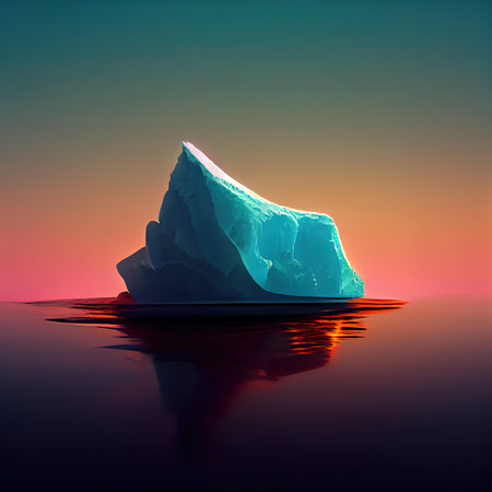 Blue iceberg at sunset. Huge ice block in an ocean. Northern sunset. Digital illustration.の写真素材