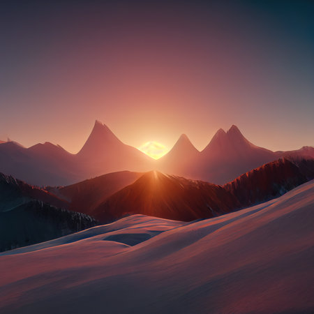 The rising sun behind the high mountains. The sun hides behind the mountains. 3D Digital illustration.の写真素材