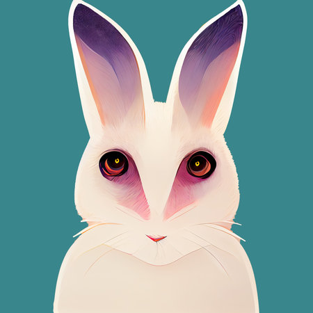 Portrait of a white cute hare on a blue background. Digital illustration.の写真素材