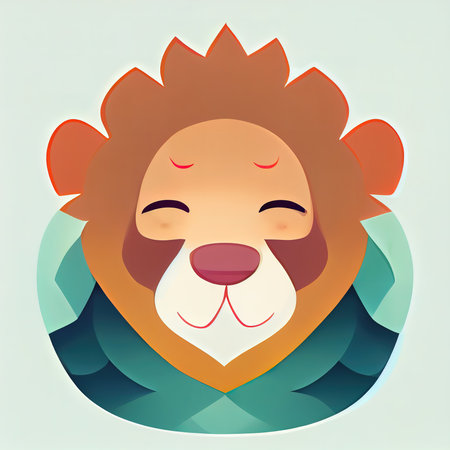 Cute smiling lion abstract portrait. Lion portrait flat illustration. Cartoon lion. Digital illustration.の写真素材