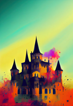 Multicolored colorful old castle. An ancient castle against the backdrop of sunset sky. Digital illustration.の写真素材