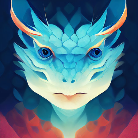 Cute muzzle of a blue dragon. Dragon abstract portrait. Digital illustration.の写真素材