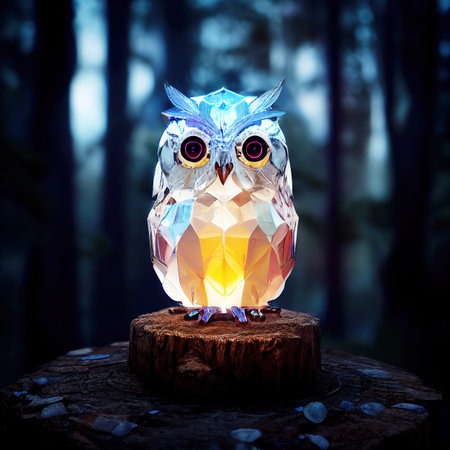 Crystal owl in the forest. Glass decorative owl. Glowing totem owl. 3D Digital illustration.の写真素材