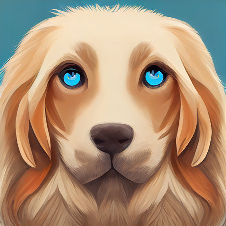 The head of a red hairy dog. Blue-eyed dog. Stylized dog head. Abstract portrait of a dog. Digital illustration.の写真素材
