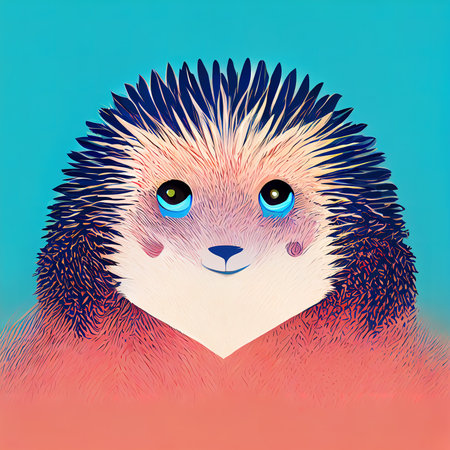 Cartoon muzzle of a prickly hedgehog. Cute hedgehog portrait. Digital illustration.の写真素材