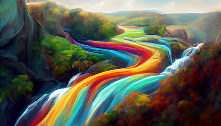 Colorful river stream in the forest. Digital illustration.の写真素材