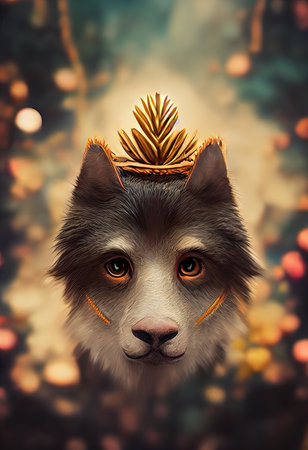 Crowned wolf. Fairy wolf portrait. Portrait of a wolf in a crown. 2 D Digital illustration.の写真素材