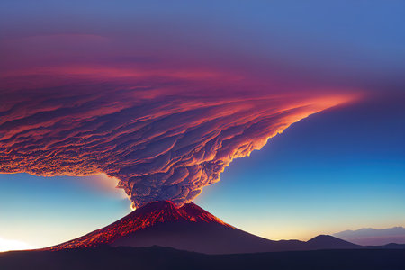 Volcanic eruption with a huge cloud of smoke. Natural disaster. Smoke rises from the volcano. A natural phenomenon. AI-generatedの写真素材