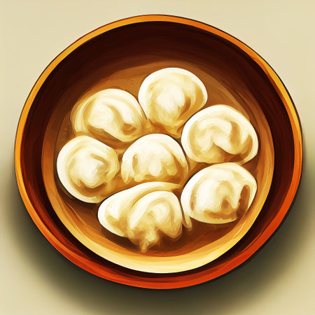 Dumplings in a bowl. Top view. Appetizing dumplings in a ceramic plate. AI-generatedの写真素材