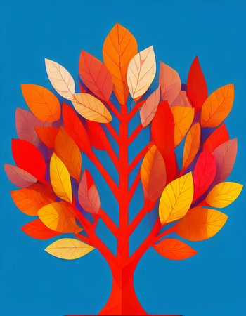 Bright orange autumn tree on a blue background. Autumn floral illustration. AI-generated