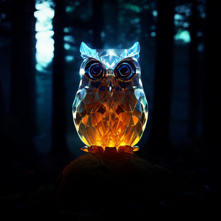 Magic glass owl in the forest. Owl figurine in the forest. AI-generatedの写真素材