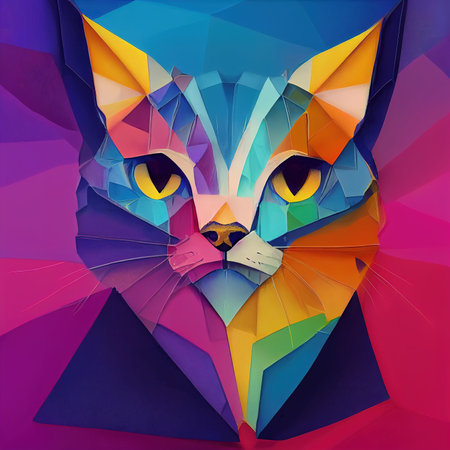 Multicolor patterned cat portrait. Decorative colorful geometric cat head. AI-generatedの写真素材