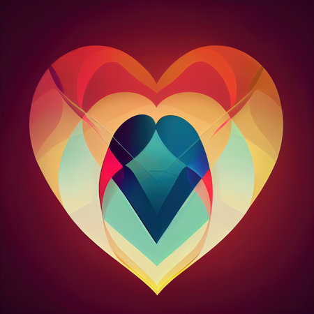 Patterned heart flat illustration. Abstract colorful heart on a red background. AI-generatedの写真素材