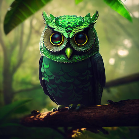 A fabulous green owl sits on a branch. Fantasy green owl. AI-generatedの写真素材
