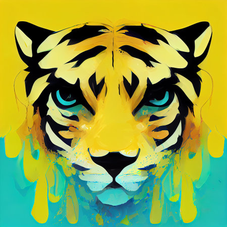 Tiger muzzle bright art. Decorative yellow-blue portrait of a tiger. AI-generatedの写真素材